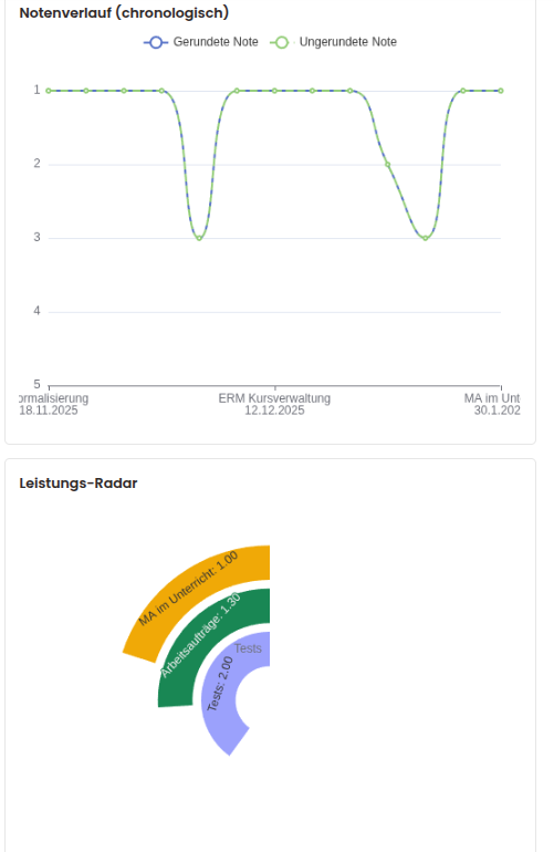 Notenverlauf und Leistungsradar eines Schülers am Handy