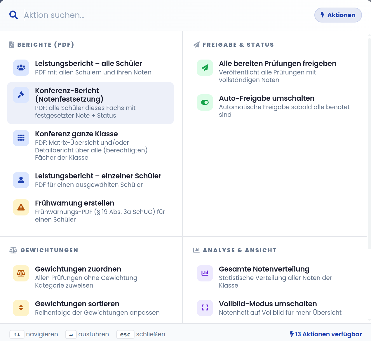 Berichte-Menü mit Leistungsbericht, Konferenz-Bericht und Frühwarnung