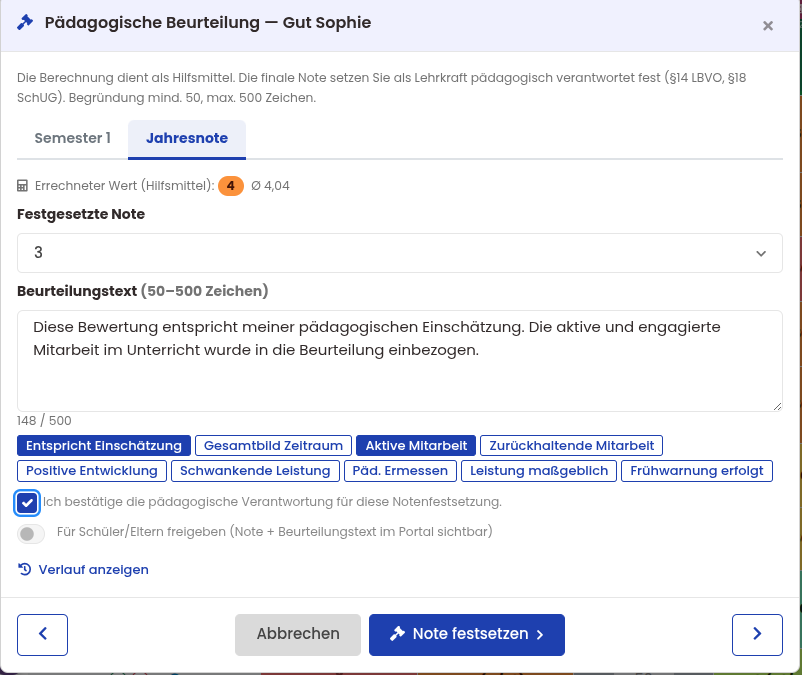 Pädagogische Notenfestsetzung nach LBVO: die Note festsetzen statt nur berechnen