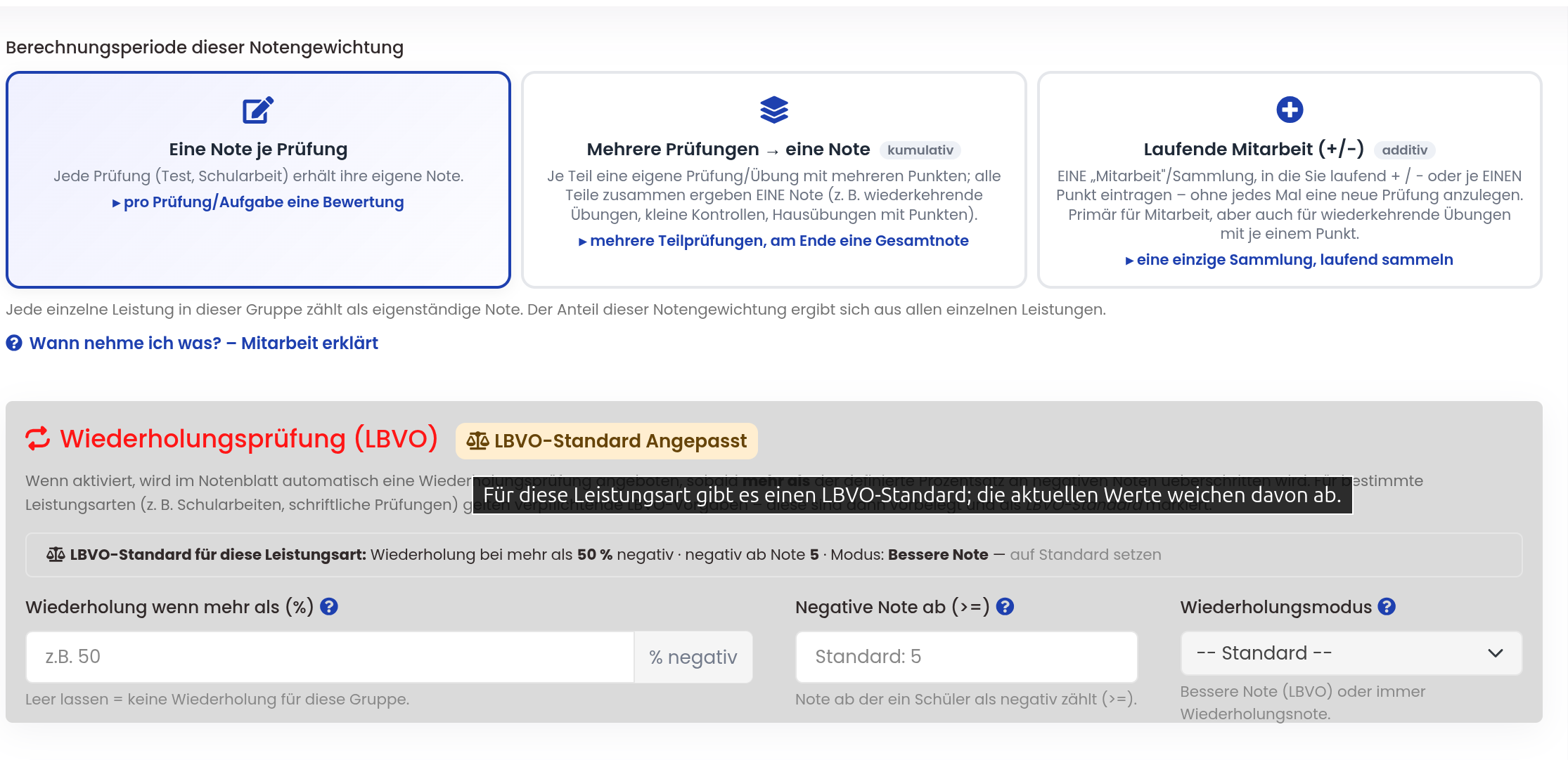 Wiederholungsprüfung anlegen – automatische Empfehlung & ‚bessere Note'