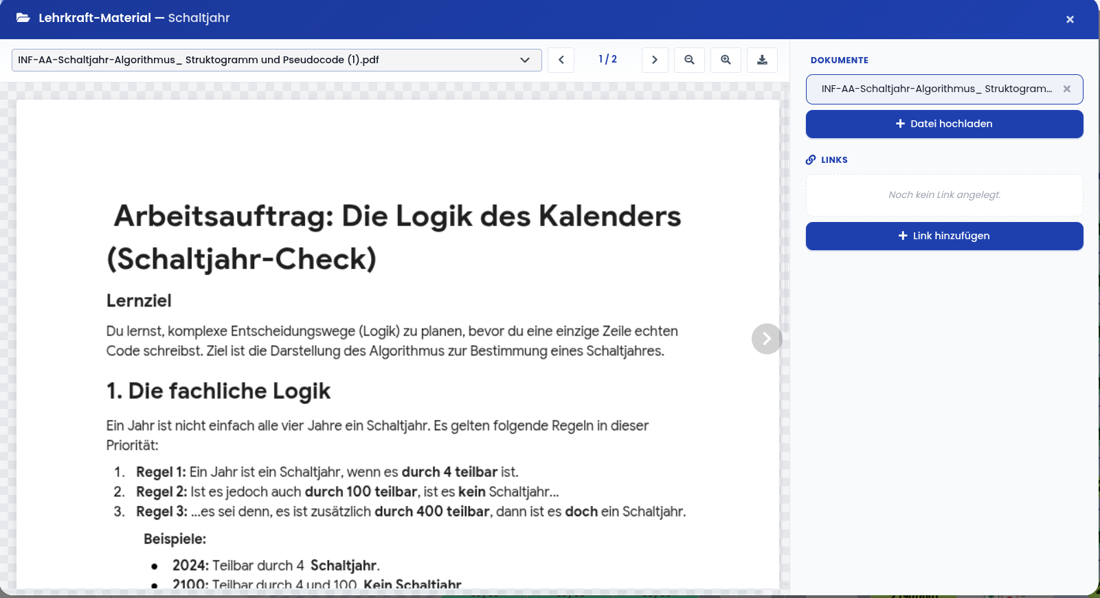 Material zu Prüfungen hochladen: Aufgabenstellung & Lehrkraft-privat