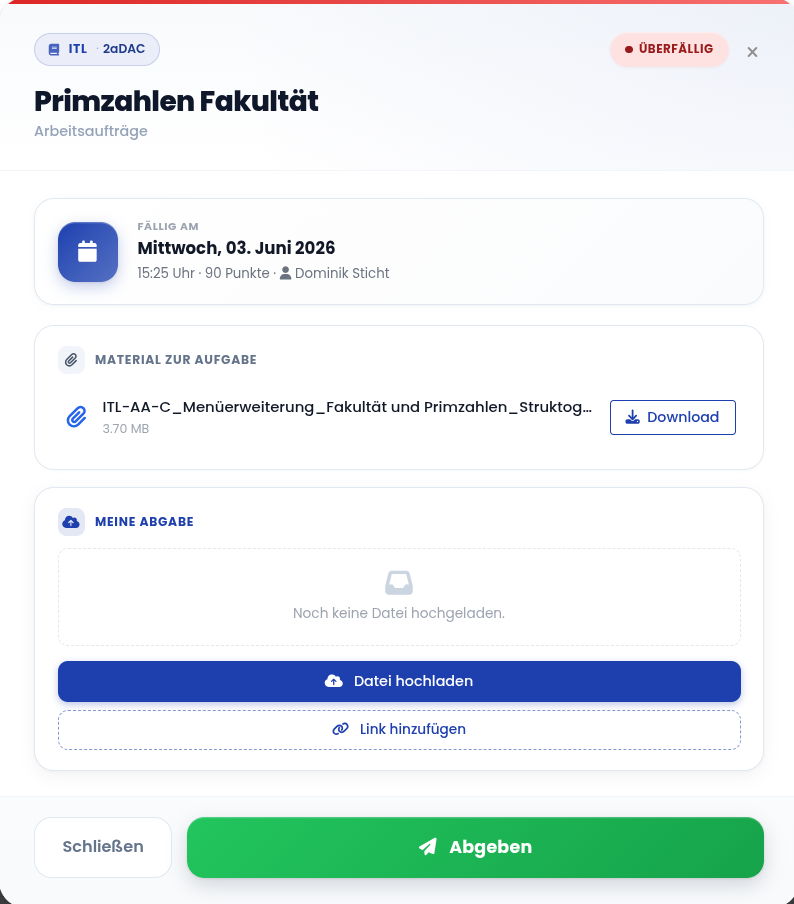 Aufgabe im Schülerportal mit Fälligkeit, Material und den Knöpfen zum Hochladen und Abgeben