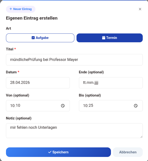 Einen Termin für einen Schüler im Journal verwalten