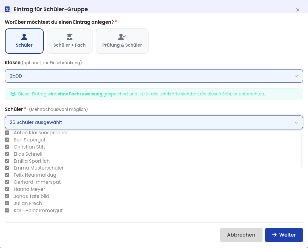 Auswahl der Schüler einer Klasse für einen gemeinsamen Journaleintrag