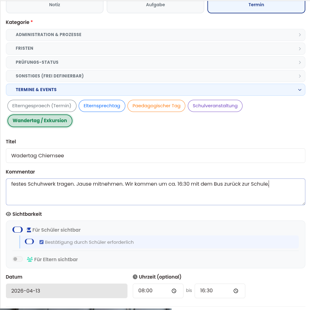 Einen Eintrag für mehrere Schüler anlegen