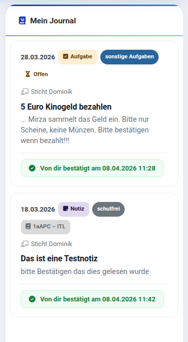 Journal am Handy in der Schüleransicht mit Aufgabe und Notiz