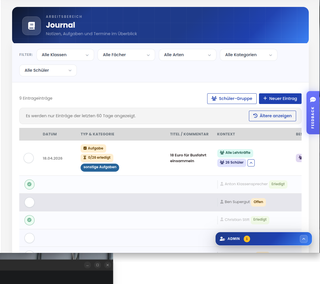 Notenheld Unterrichts-Journal – Übersicht für Lehrkräfte