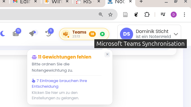 Kopfzeile von Notenheld mit Teams-Anzeige, Uhrzeit des letzten Abgleichs und angemeldetem Konto